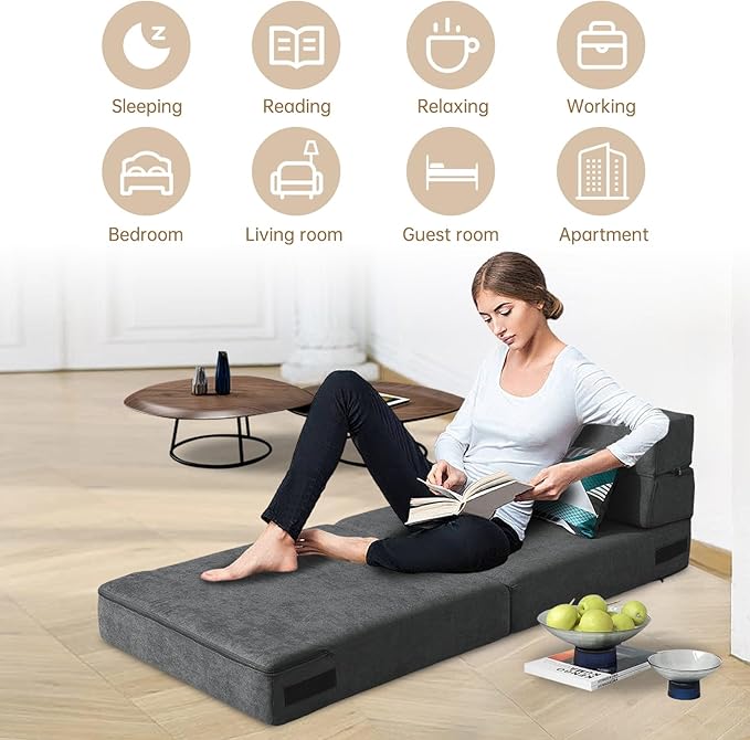 Folding Sofa Bed Single Size with Pillow Memory Foam Convertible Sleeper Chair Floor Couch Futon Lazy for Living Room/Home Office/Guest Beds/Apartment/Upstairs Loft,Dark Gray