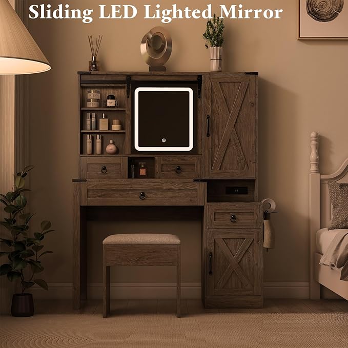 Farmhouse Makeup Vanity Desk with Sliding Mirror and Lights, 42" Glass Top Vanity Table with Charging Station & 4 Drawers & 2 Cabinets, Vintage Vanity Set for Bedroom, Driftwood Gray