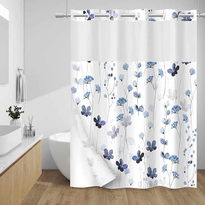 No Hook Shower Curtain with Snap in Liner - Watercolor Floral Shower Curtain - Fabric Waterproof Inner Liner, Plants Blue Flowers White Cloth Shower Curtains - Machine Washable, 71 x 74