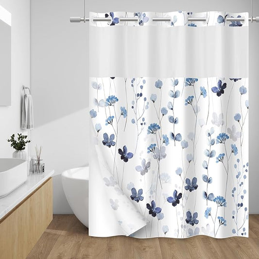 No Hook Shower Curtain with Snap in Liner - Watercolor Floral Shower Curtain - Fabric Waterproof Inner Liner, Plants Blue Flowers White Cloth Shower Curtains - Machine Washable, 71 x 74