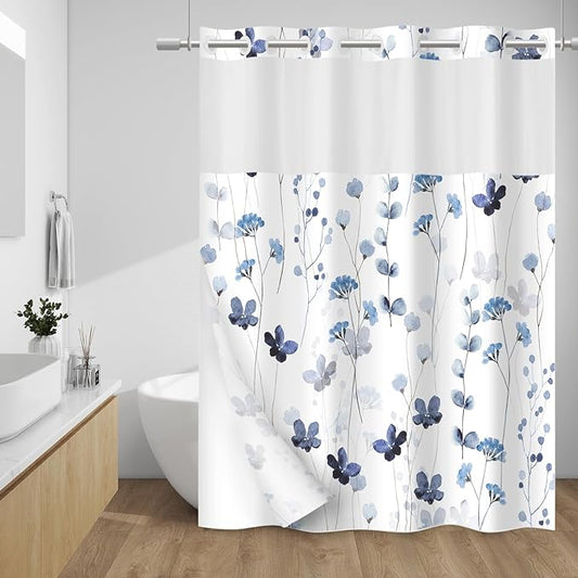 No Hook Shower Curtain with Snap in Liner - Watercolor Floral Shower Curtain - Fabric Waterproof Inner Liner, Plants Blue Flowers Modern Cloth Shower Curtains - Machine Washable, 71 x 86