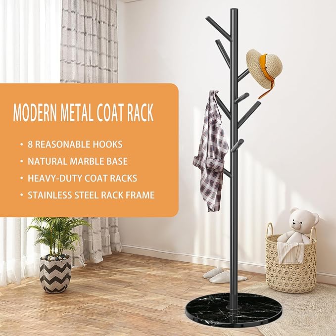 Metal Modern Coat Rack Stand, Sturdy Freestanding Coat Rack with Natural Marble Base, Black Coat Racks and Coat Hall Tree Hanger Stand for Entryway, Hallway, Office (Black Marble base)