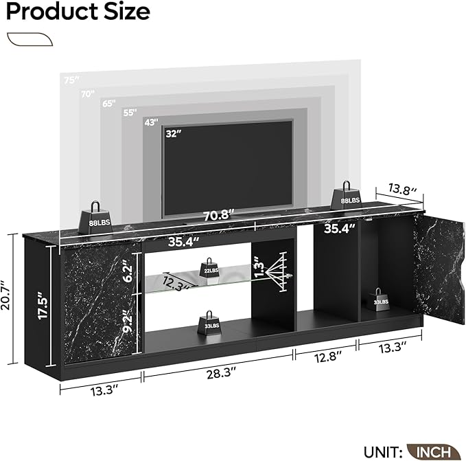 Bestier LED TV Stand for 65/70/75/80 Inch TV, 70 inch Gaming Entertainment Center with Adjustable Glass Shelves & Storage Cabinet for PS5, Xbox, Modern TV Console Table for Living Room, Black Marble
