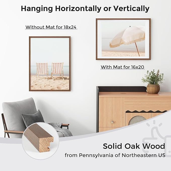 Axeman 18x24 Poster Frame with Mat for 16x20, Solid Oak Wood Picture Frame with Tempered Glass, Wooden 18''x24'' Minimalist Photo Frame with Free Wall Hooks for Art Photo and Prints, Walnut