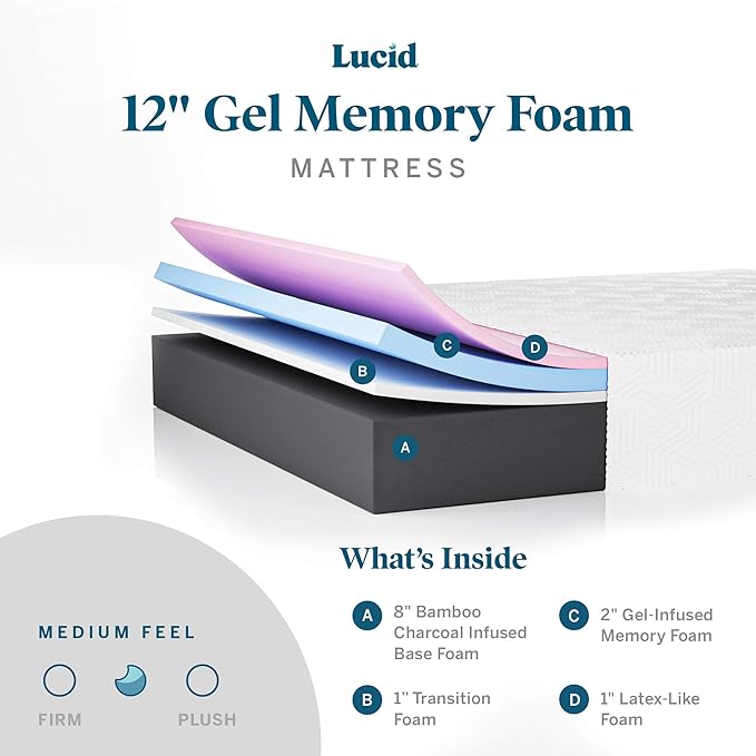 LUCID 12 Inch Memory Foam Mattress - Medium Feel - Memory Foam Infused with Bamboo Charcoal - Gel Infusions - CertiPUR-US Certified - Breathable - California King