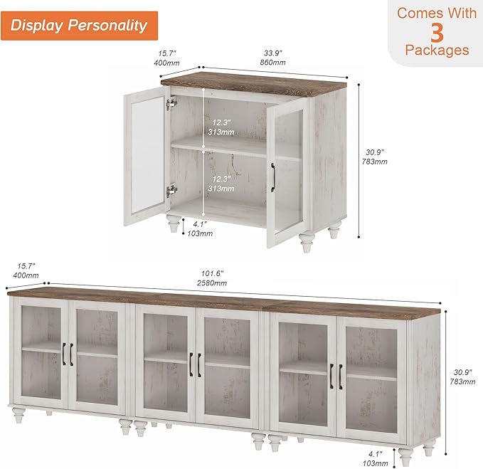 WAMPAT Farmhouse TV Stand for 100 Inch TV, Glass Wooden Universal TV Stand with 3 Storage Cabinets, Entertainment Center for 75/80/85/90 Inch TV, Console Table for Living Room, Bedroom, Rustic White