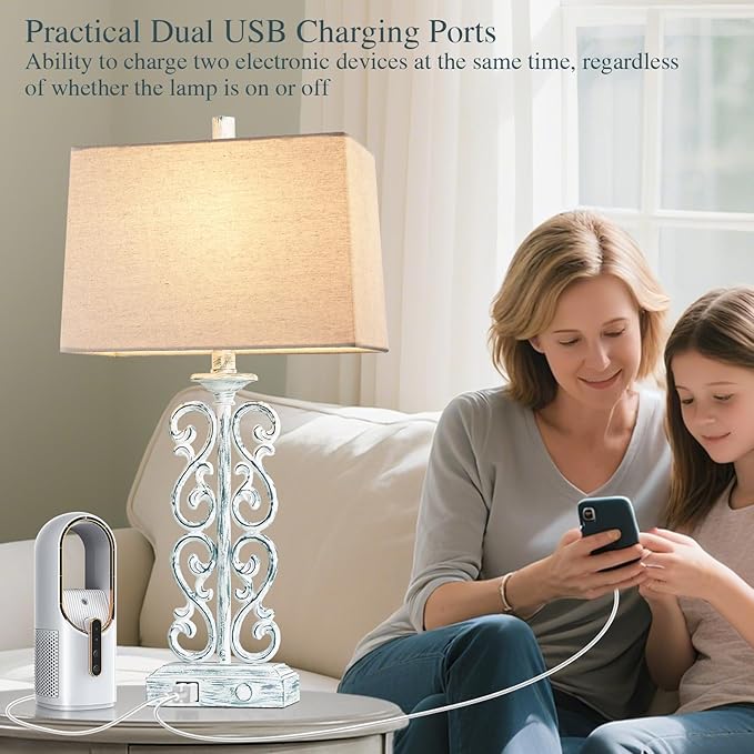 25" Coastal Set of 2 Touch Resin Table Lamps for Living Room with 3-Way Dimmable Dual USB Ports, Rustic Farmhouse Lamps for Bedside Bedroom, Nightstand Home Decor, 2 Bulbs Included