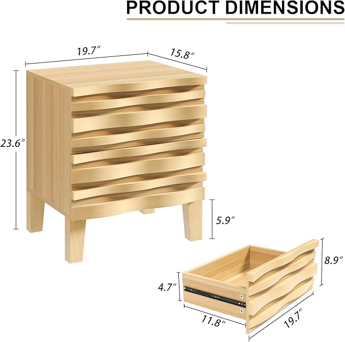 UEV Solid Wood Nightstand, 19.7" W Boho Style Nightstand with 2 Drawers, Fluted Wood Night Stand, Mid Century Modern Bed Side Table for Bedroom,Living Room, Ivory White