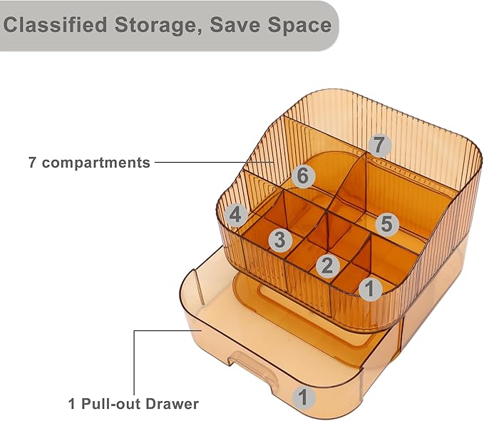 VOCOSTE 1 Set Makeup Organizer with Stackable Drawer, 7 Grids Makeup Organizer for Countertop Vanity, Skincare Organizers Cosmetic Display Cases, Amber Orange