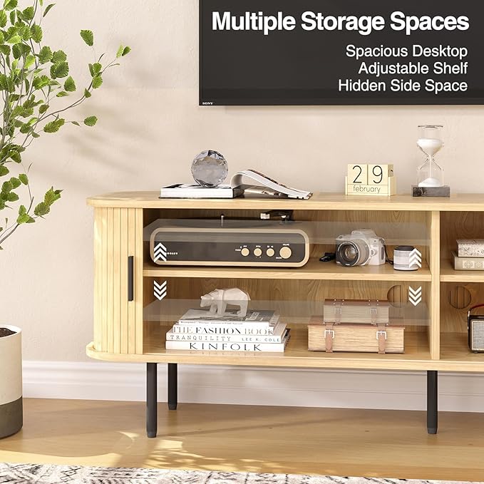 63" Natural Fluted TV Stand for TVs up to 75 Inch, Gaming Entertainment Center with Tambour Slatted Sliding Doors and Storage Cabinet, Media TV Consoles Table for Living Room, Office