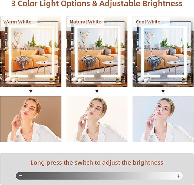 SMOOL Vanity with Lighted Mirror, Makeup Vanity Desk with Power Outlet, 3 Color Light Options Adjustable Brightness, Vanity Table with 6 Storage Shelves, 2 Large Drawers and Cushioned Stool, Rustic