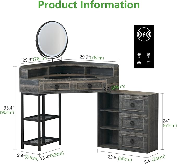 Corner Vanity Desk with Lighted Rotating Mirror and Lights, Glass Top Makeup Vanity with Corner Shelf&5 Drawers, Girls Vanitys with Charging Station,Jewelry Organizers for Bedroom,Brown