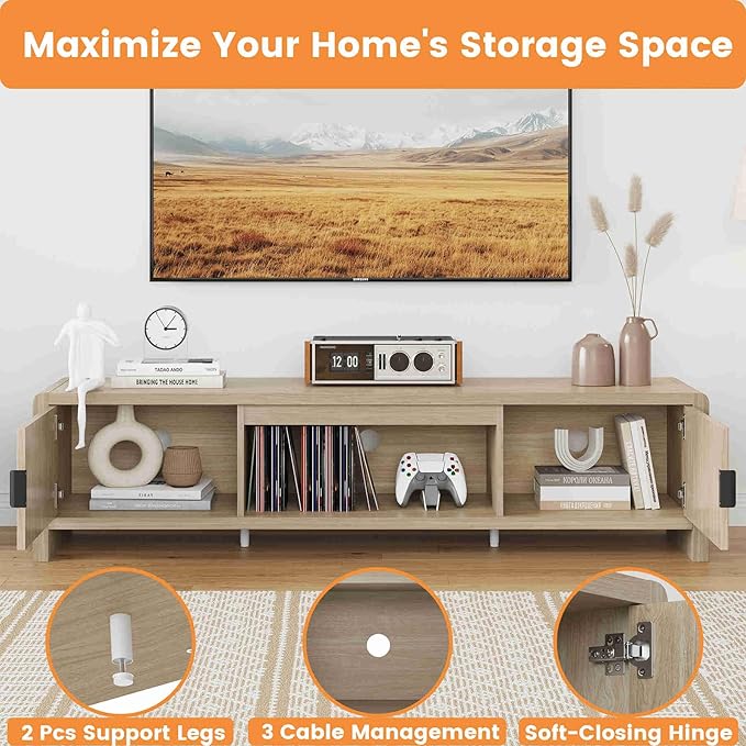 FATORRI TV Stand for TVs up to 75/65/55 Inch, Wood Entertainment Center with Storage, Farmhouse Waveform Fluted-Door Television Media Console for Living Room, Bedroom (63 Inch W, Light Walnut)