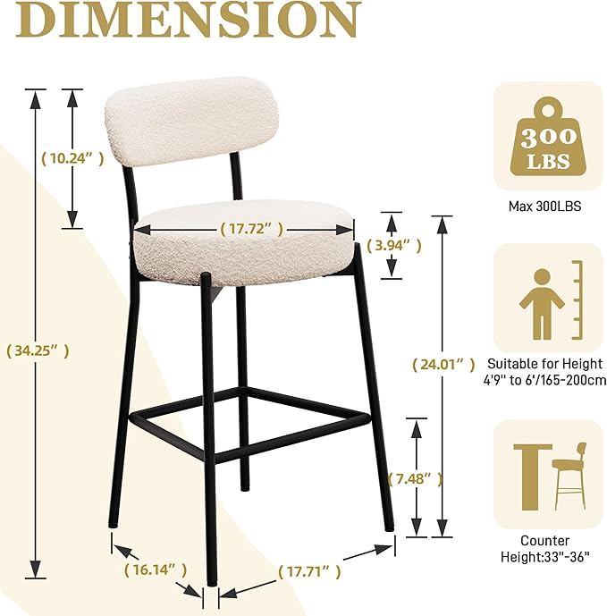 DYHOME Bar Stools Set of 2, 24 Inches White Boucle Bartools Counter Height Bar Stool with Curved Back Metal Legs, Modern Upholstered Barstools Chairs for Kitchen Island, Cafe