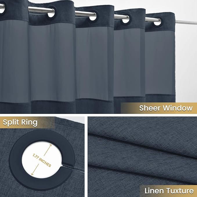 Extra Long No Hook Shower Curtain with Snap in Liner, Polyester Textured Shower Curtain with Liner Set, Waterproof Washable Hotel Style Shower Curtains for Bathroom, 71Wx86H, Navy