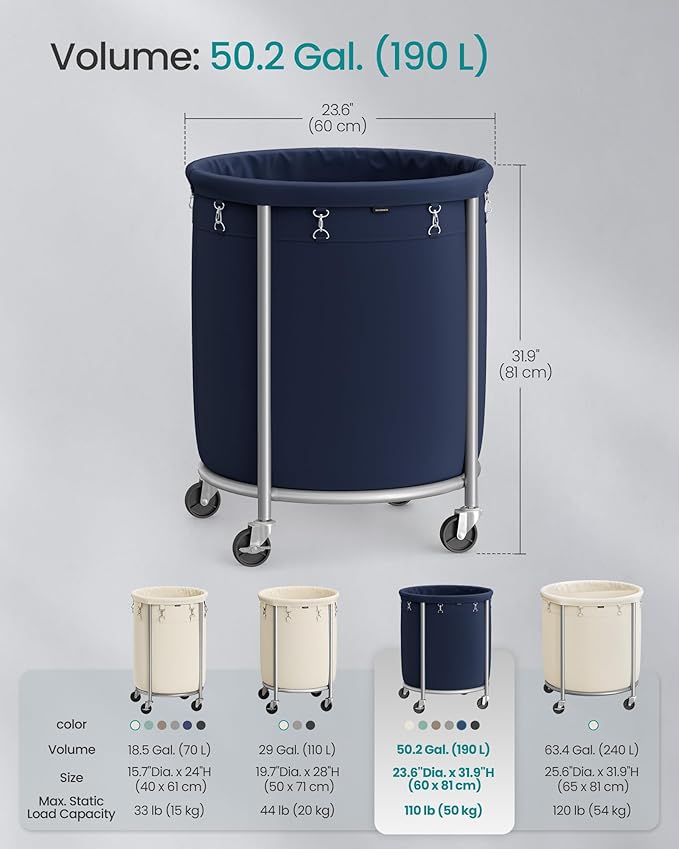 SONGMICS 50.2-Gallon (190 L) Laundry Basket with Wheels, Rolling Round Heavy-Duty Laundry Hamper Cart with Steel Frame and Removable Bag, 2 Locking Wheels, Charcoal Blue and Metallic Silver URLS001Q01