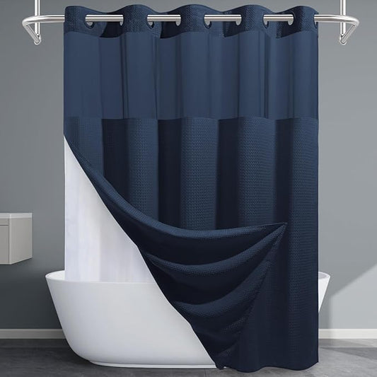 Navy Blue Long No Hook Shower Curtain with Snap in Liner,230GSM Waffle Weave Shower Curtains for Bathroom,71W x 86H