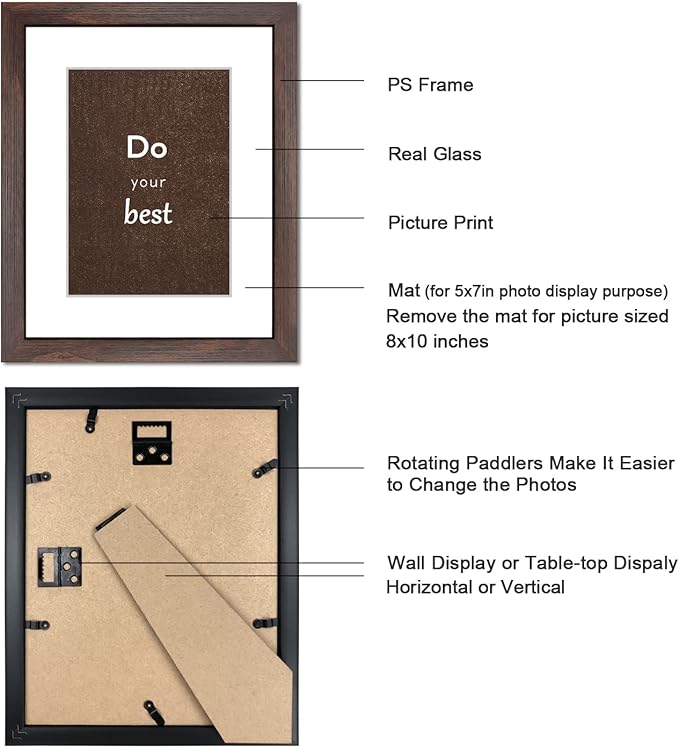 8x10 Picture Frame Set of 3 with Real Glass for Pictures 5x7 with Mat or 8x10 Without Mat, Wall Mounting or Tabletop display Photo Frames in Walnut