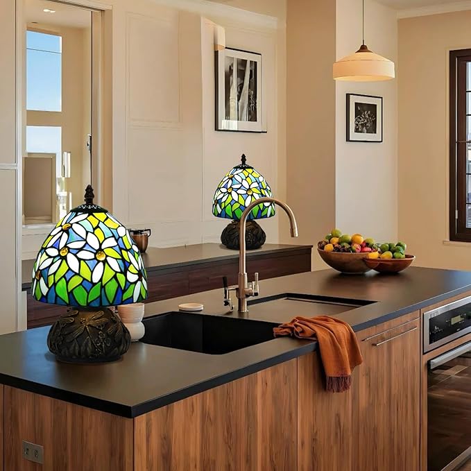 Small Tiffany Stained Glass Lamp, 3 Color Temperatures Bedside Lamp, 8 Inch Mushroom Desk Light for Bedroom Living Room Office Home Decor (White Flower Pattern)