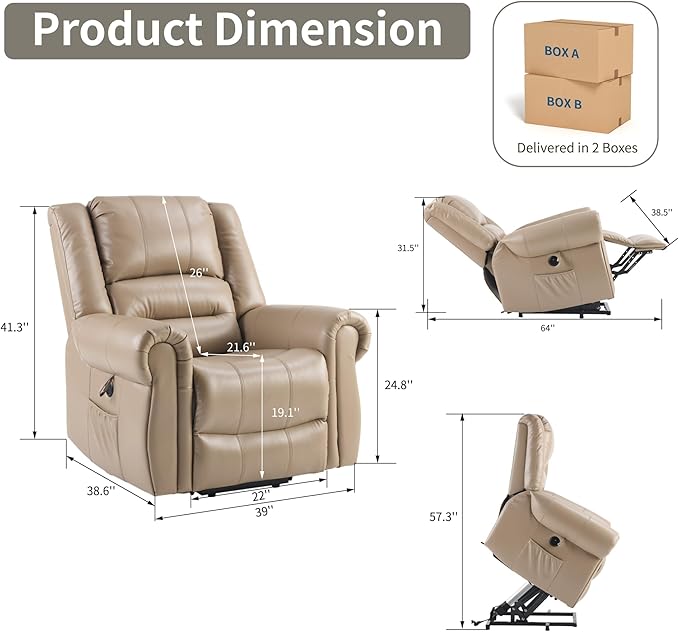 FLEXISPOT Power Lift Recliner Chair for Elderly with Massage & Heat, Faux Leather Electric Reclining Chair for Seniors with USB Ports, Cup Holders & Side Pockets(Medium Size,Light Brown