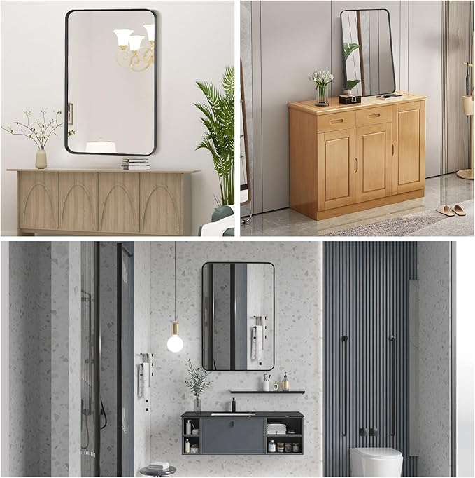 Wall Mount Mirror for Bathroom, Brush Black Metal Framed Rounded Corner Rectangular Vanity Mirror (16" x 20", Black)