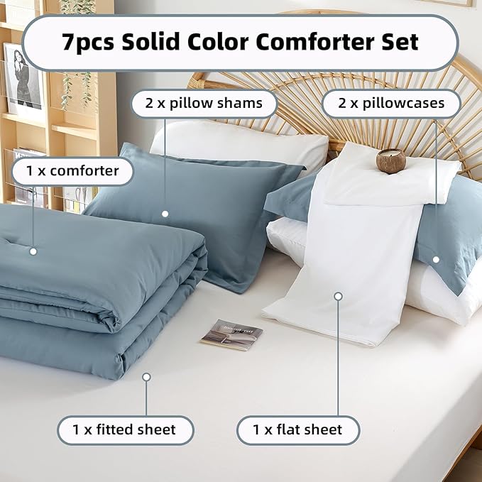 weigelia King Comforter Set Dusty Blue Bedding Comforter with 2 Pillowcases 7 Pieces Blue Color King Comforter Bedding Set for Women and Men King Bed Comforters Set Soft All Season