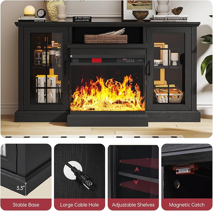 oneinmil Fireplace TV Stand with 3-Sided Glass, TV Cabinet for TVs up to 65", 59'' Modern Media Entertainment Center with Farmhouse Glass Door Storage Cabinets, for Living Room, Black