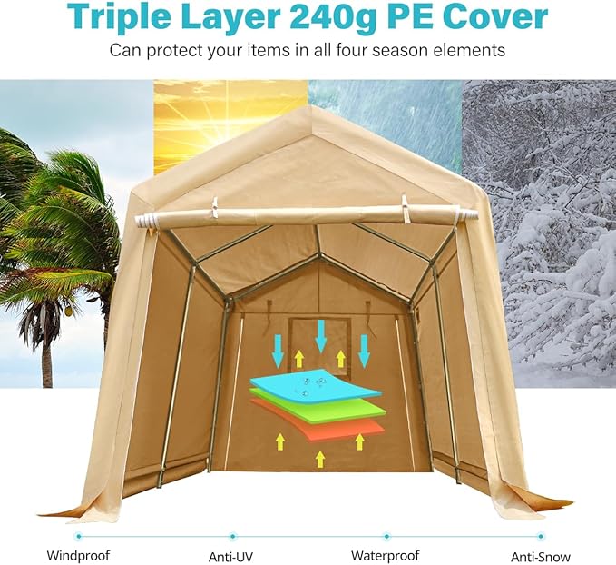 ADVANCE OUTDOOR 8x14 ft Steel Metal Peak Roof Portable Garage Shelter Storage Shed Carport for Motorcycle, Bike or Garden Tools with 2 Roll up Doors & Vents, Beige