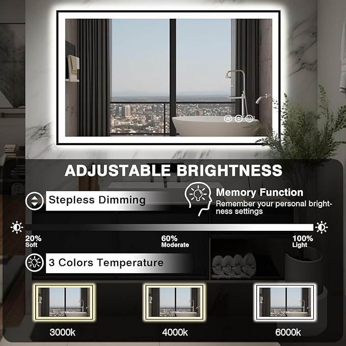 48x30 LED Bathroom Mirror - Black Aluminum Framed (Front and Backlit), Anti-Fog Lighted Vanity Mirror,Stepless Dimmable Lighted Mirror,3 Colors Smart Mirror(Horizontal/Vertical)