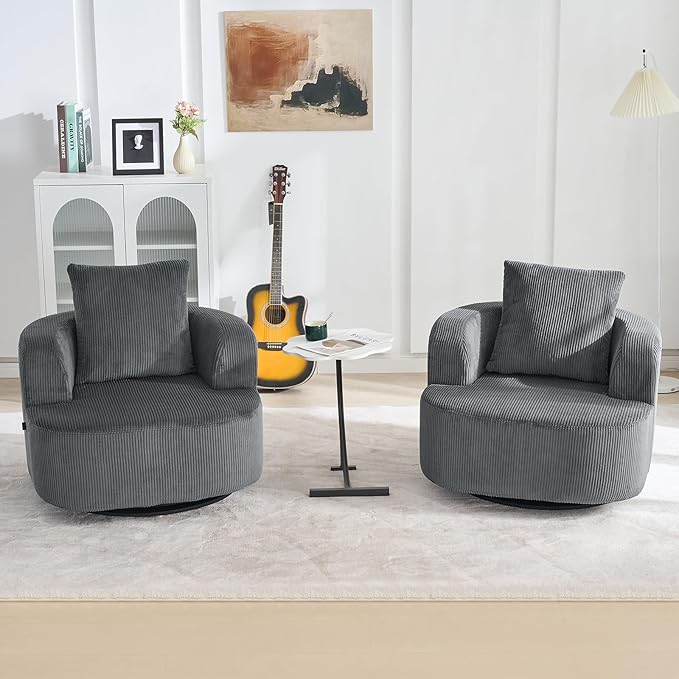 Furnimart 360° Swivel Barrel Accent Chair, Round Upholstered Comfy Lounge Chair, Corduroy High-Resilienc Foam Single Sofa, No Assembly Wide Seat for Living Room, Bedroom, Apartment (Gray)