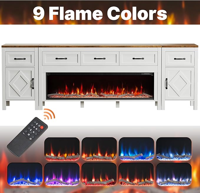 Modern TV Stand with Fireplace for TVs Up to 95 Inch,Entertainment Center with 50" Electric Fireplace,88" TV Console with Storage Cabinet Drawers for Living Room(Off White)