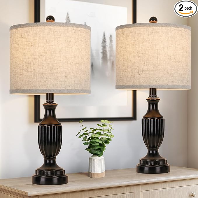 TOBUSA Farmhouse Living Room Table Lamps Set of 2, Matte Black Rustic Vintage Table Lamps for Bedroom Nightstand, Antique Bedside Desk Lamps with Linen Shade, 22’’ Small Resin Lamp Sets for End Table