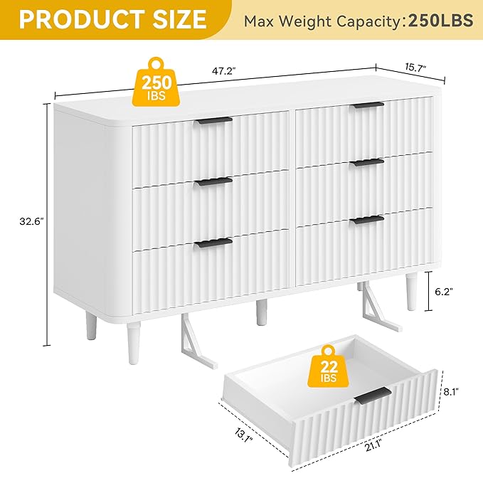 DWVO 6 Drawer Dresser with Waveform Fluted Panel, Wider Modern Closet Dressers Chest of Drawers, Wood Storage Dresser Organizer for Dorms, Flats, Hallways, White
