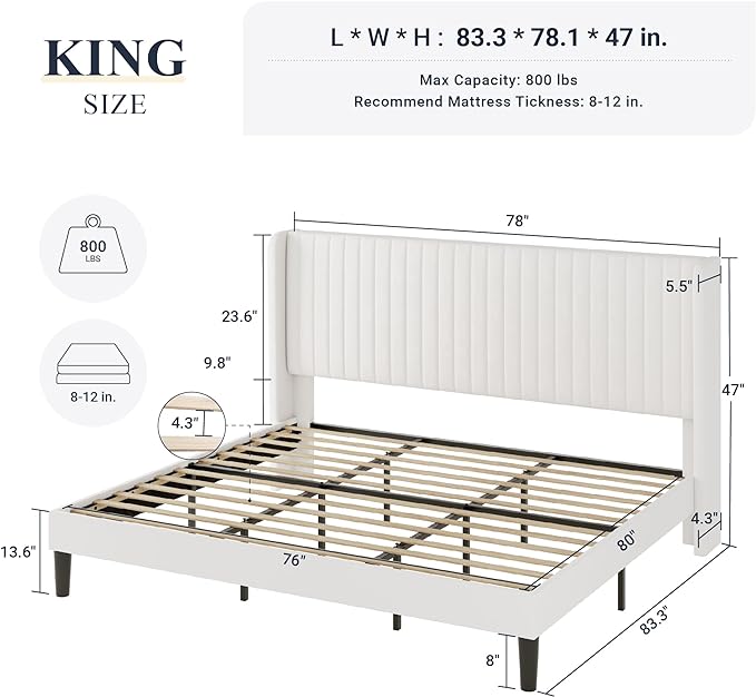 Allewie King Size Velvet Bed Frame/Vertical Channel Tufted Wingback Headboard/Upholstered Platform Bed/No Box Spring Needed/Strong Wooden Slats/Easy Assembly/White