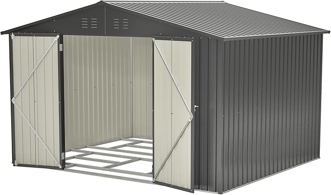 10 x 8 FT Outdoor Storage Shed with Floor, Metal Garden Tool Shed with Vents, Slooping Roof and Lockable Doors, All-Weather Bike Shed Easy to Assemble for Backyard, Patio, Lawn, Black
