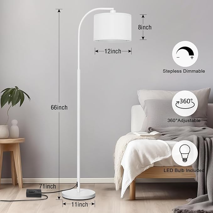 Floor Lamps for Living Room, White Arc Floor Lamp with Stepless Dimmer, Modern Standing Lamp with Adjustable Drum Shade, Tall Pole Lamp for Bedroom Study Room Office, 9W 3000K LED Bulb Included