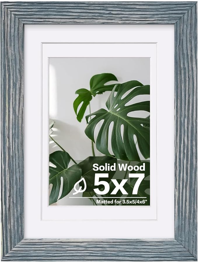 Egofine 5x7 Picture Frame Made of Solid Wood,Covered by Plexiglass Display Pictures 3.5x5/4x6 with Mat or 5x7 Without Mat for Table Top Display and Wall Mounting Photo Frame, Rustic Blue