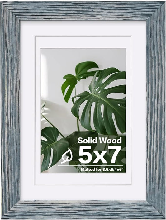Egofine 5x7 Picture Frame Made of Solid Wood,Covered by Plexiglass Display Pictures 3.5x5/4x6 with Mat or 5x7 Without Mat for Table Top Display and Wall Mounting Photo Frame, Rustic Blue
