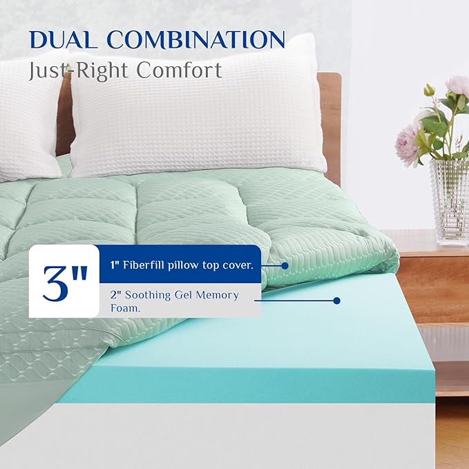Dual Layer 3 Inch Memory Foam Mattress Topper Full Size, 2 Inch Gel Memory Foam Plus 1 Inch Cooling Pillow Top Mattress Pad Cover, with 8-21 Inch Deep Pocket, Green