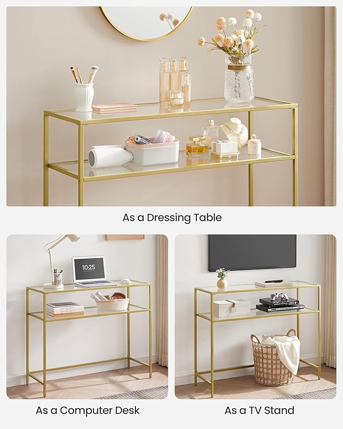 VASAGLE 39.4 Inch Console Sofa Table, Modern Entryway Table, Tempered Glass Table, Metal Frame, 2 Shelves, Adjustable Feet, for Living Room, Hallway, Gold Color ULGT025A01
