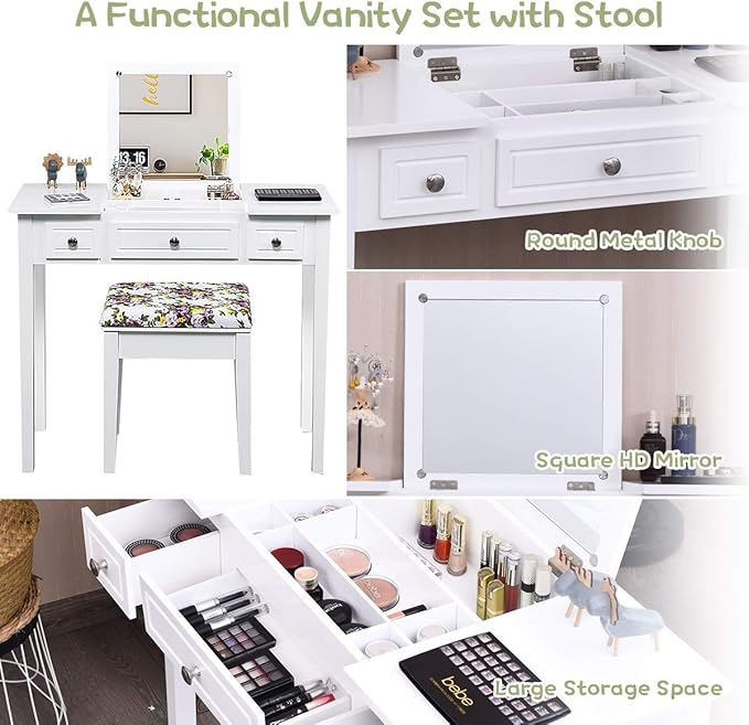 CHARMAID Makeup Vanity Desk with Flip Top Mirror, 3 Drawers, 7 Storage Compartments, White Writing Desk Dressing Table Vanity Set with Cushioned Stool for Kids Girls Women, Easy Assembly