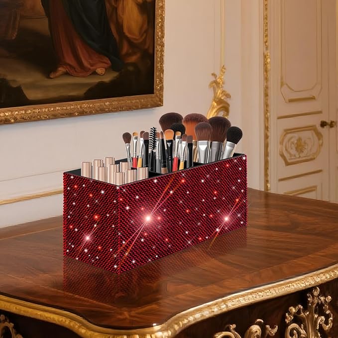 Bling Makeup Brush Holder Organizer, 3 Slot Sparkle Cosmetics Brushes Storage Holders with Shiny Rhinestones, Glitter Cute Pen and Pencil Holder for Desk, Eyeliners Display Case for Vanity (Wine red)