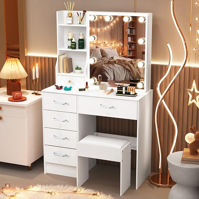 Makeup Vanity Desk with Mirror and Lights, Vanity Desk with 3 Color and Brightness Adjustable, European Style Dressing Table with 6 Drawers, Makeup Vanity with Stool for Bedroom