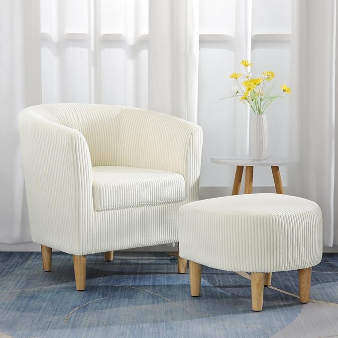 DAZONE Accent Chair, Barrel Chair with Ottoman Comfy Armchair Corduroy Living Room Chairs Mid Century Modern Chair Upholstered Club Tub Sofa Chair for Bedroom Reading Room Ivory