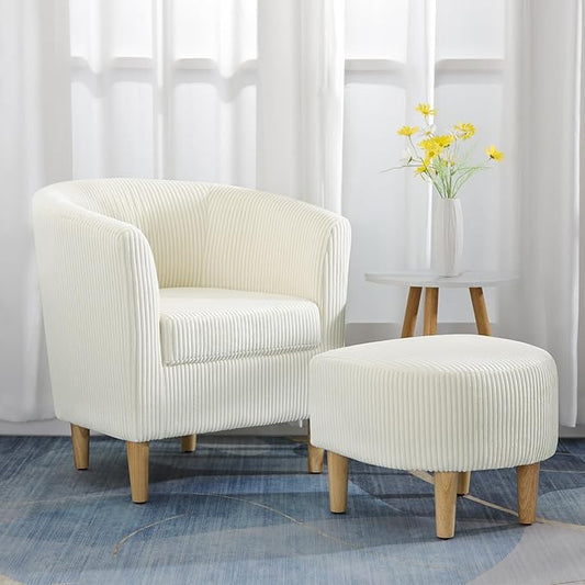 DAZONE Accent Chair, Barrel Chair with Ottoman Comfy Armchair Corduroy Living Room Chairs Mid Century Modern Chair Upholstered Club Tub Sofa Chair for Bedroom Reading Room Ivory