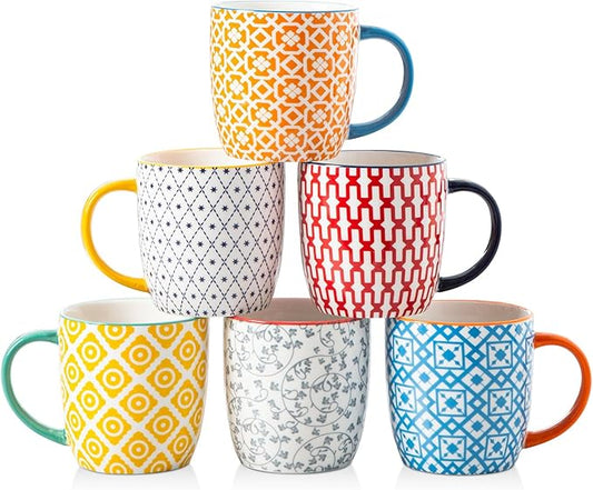Ceramic Coffee Mugs Set - 10 Oz Large Porcelain Tea Cups with Handle for Milk Cappuccino Latte Tea Cocoa - Microwave Dishwasher Safe - Christmas Housewarming Gift -Set of 6 - Assorted Colors