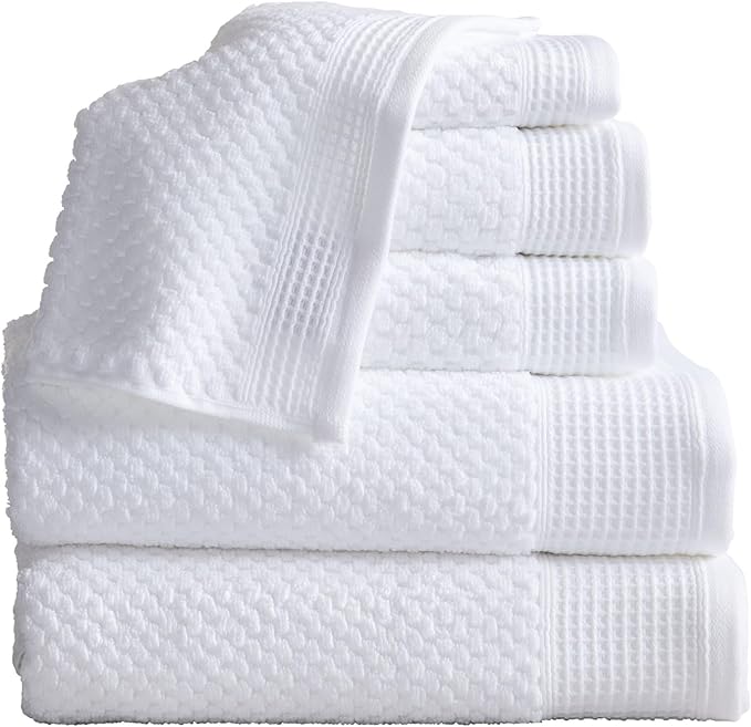 Market & Place 100% Cotton Waffle Textured 6 Piece Set | Super Soft Quick Dry Bath Towels | Decorative for Bathroom | 2 Bath, 2 Hand, 2 Washcloths | Belle Collection (White)