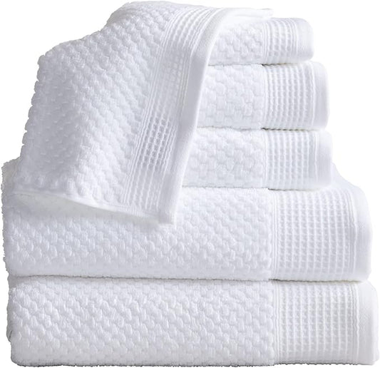 Market & Place 100% Cotton Waffle Textured 6 Piece Set | Super Soft Quick Dry Bath Towels | Decorative for Bathroom | 2 Bath, 2 Hand, 2 Washcloths | Belle Collection (White)
