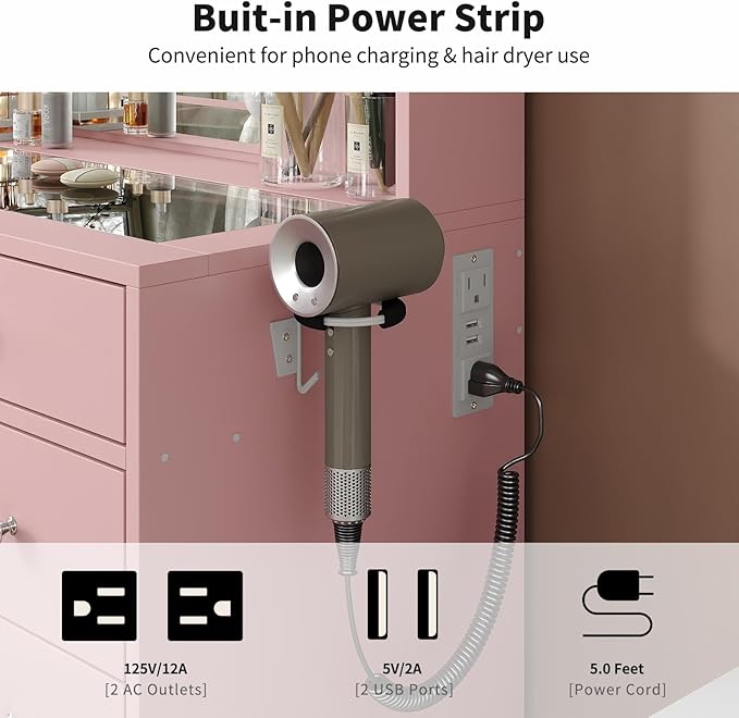 Vanity Desk with Power Outlet, Makeup Table with Mirror and 12 LED Lights, 3 Color Lighting Modes, 11 Drawers Makeup Vanity with 4 Shelves, Fold-up Panel, Vanity Set for Bedroom, Pink