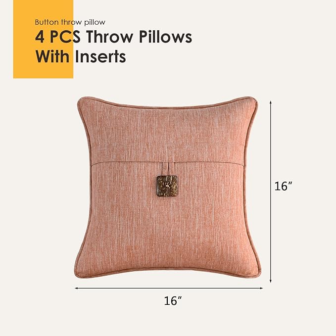 Outdoor Decorative Pillows with Coconut Button Pack of 4, 16" x 16" Outdoor Pillow Set for Couch Bed Throw Patio Sofa, Light Lotus Red